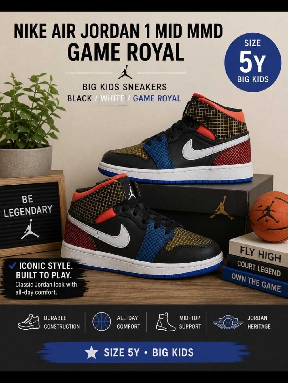 Nike Air Jordan 1 Mid MMD Game Royal Big Kids Sneakers
